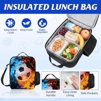 Soccer Backpack Set for School,17 Inch Casual School Bags with Lunch Box, Kids Daypack Bags and Pencil Case Set for Teens Boys Men Students - color: Ice&fire-soccer