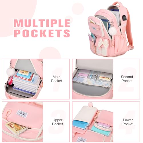 Bevalsa Backpack for Girls, Bow Bookpack with 14oz Insulated Water Bottle, Lunch Bag & Pen Case, Schoolbag for Kids & BPA-FREE Stainless Steel Metal Cup for Elementary Middle Student (Pink) - color: Pink