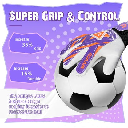WVVOU Goalkeeper Gloves for Kids Youth, Soccer Goalie Gloves with Double Protection, Anti-Slip Soccer Gloves, Super Grip - color: Purple, size: 9