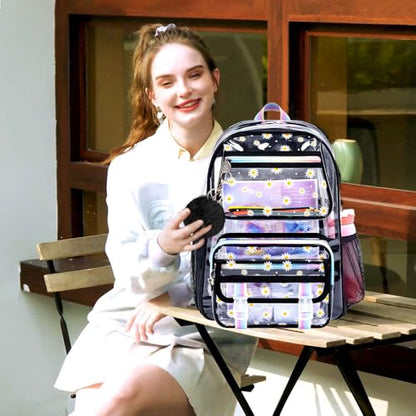 KLFVB See Through Backpack Heavy Duty, 3PCS Girls Clear School Bag Set, Cute Transparent Bookbag for Women - Chrysanthemum Black - color: Chrysanthemum Black Clear Backpack