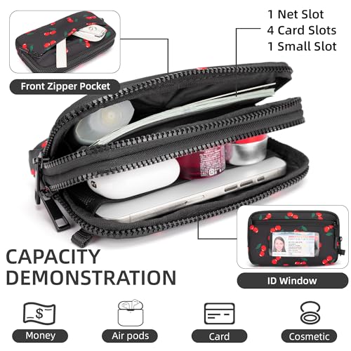 FODOKO Wristlet wallets for women Nylon Quilted Wallet with 4 Zippers,Travel Credit Card,Holder Cell Phone Organizer - color: Cherry
