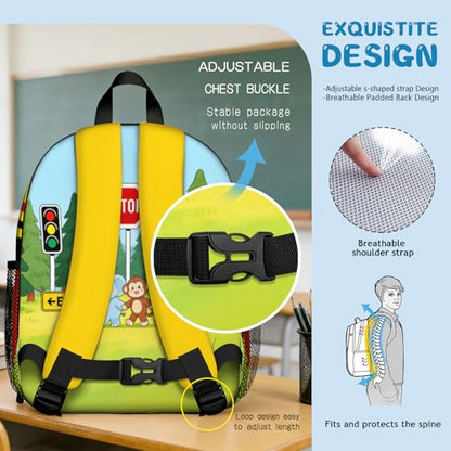 Toddler Backpack for Kids 4-6 – Jungle Safari Animal Kids Backpack, Wild Preschool Kindergarten Daycare Bag with Padded Straps & Chest Clip, Small Backpack for Kids Travel & Outdoor Fun - color: Cute Jungle Drive-through Animal Tour