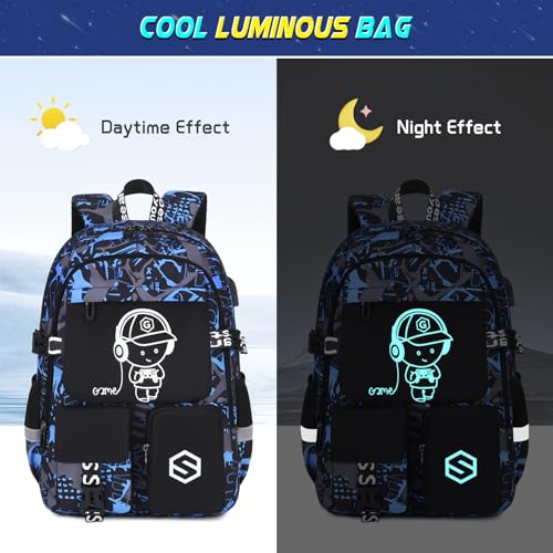 Scothen Boys Backpack, Cool Luminous Gamer School Backpacks for Boys with 14oz Insulated Water Bottle Lunch Bag Pencil Case, Kids Backpack Book Bags for Kindergarten Elementary Middle School - color: Blue Musicer