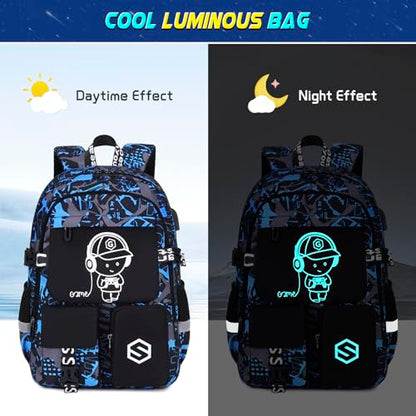 Scothen Boys Backpack, Cool Luminous Gamer School Backpacks for Boys with 14oz Insulated Water Bottle Lunch Bag Pencil Case, Kids Backpack Book Bags for Kindergarten Elementary Middle School - color: Blue Musicer