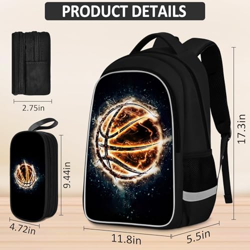 School Backpack for Boys - 4pcs Basketball Boys Backpack with Lunch Box and Pencil Case for Kids Children Teens Elementary Middle School - Students Bag for Ages 6-18,17″Bookbag Travel Back Pack - color: Basketball-05-backpack Set
