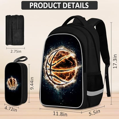 School Backpack for Boys - 4pcs Basketball Boys Backpack with Lunch Box and Pencil Case for Kids Children Teens Elementary Middle School - Students Bag for Ages 6-18,17″Bookbag Travel Back Pack - color: Basketball-05-backpack Set