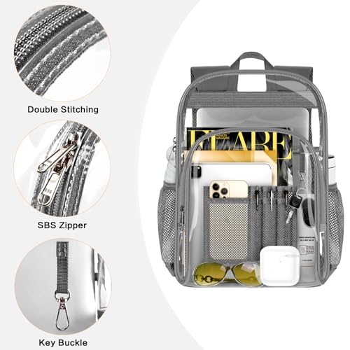 PAMANO Clear Backpack, Heavy Duty Transparent Reinforced Bottom See Through for College, Travel Work Security - color: Grey