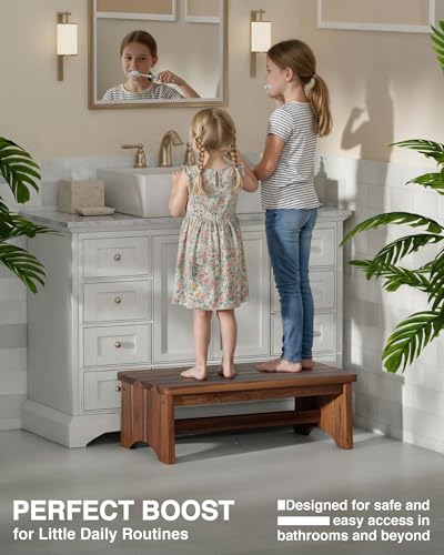 FANATU Extra Wide 26in Wooden Step Stool, Heavy Duty One Step Stool for Adults and Seniors, Holds Up to 550 lbs, Reinforced Cross Bar, Non-Skid Surface (Walnut) - color: Walnut