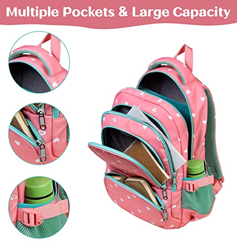 BLUEFAIRY Lightweight Water Resistant Backpack for Girls, Pink, 5-9 Years, Laptop Compartment, Adjustable Shoulder Straps, Breathable Mesh - color: Pink/Teal