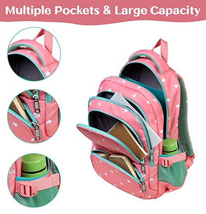 BLUEFAIRY Lightweight Water Resistant Backpack for Girls, Pink, 5-9 Years, Laptop Compartment, Adjustable Shoulder Straps, Breathable Mesh - color: Pink/Teal