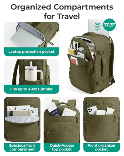 BAGSMART Travel Backpack for Women & Men 17.3 inch Laptop, Flight Approved Carry on Backpack with Shoe bag & 2 Packing Cubes, Water-Resistant Large Business Travel Bag, Weekender Bag - Olive green - color: Olive Green