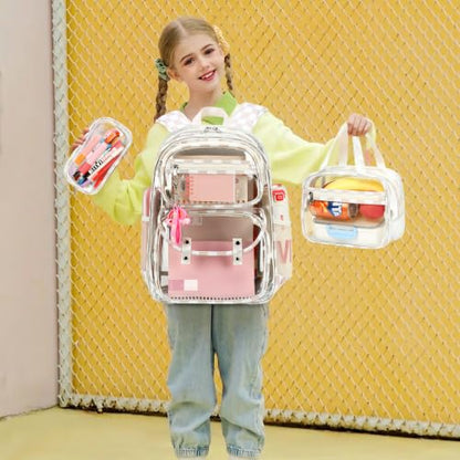ACESAK Clear Backpack for Girls - 3 Pcs Clear Backpack Heavy Duty with Lunch Bag - See Through Bookbag Stadium Approved for Kids Middle High College School(Beige Checkerboard) - color: Beige Checkerboard
