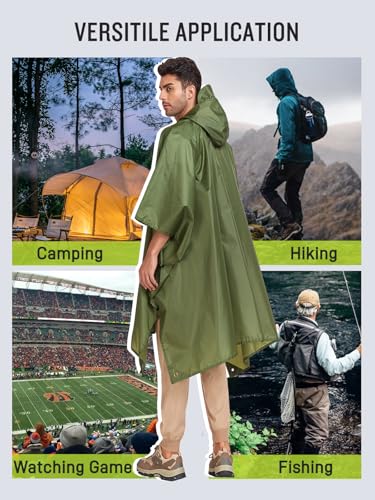 SaphiRose Extra Thick Hooded Rain Poncho Double Layer Waterproof Raincoat Jacket for Men Women Adults - color: Green