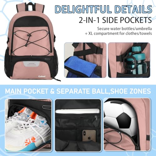 Goloni 30L Sports Backpack with Ball Compartment & Ventilated Shoe Pocket,Basketball Soccer Bag for Youth Boys Girls - color: Pink