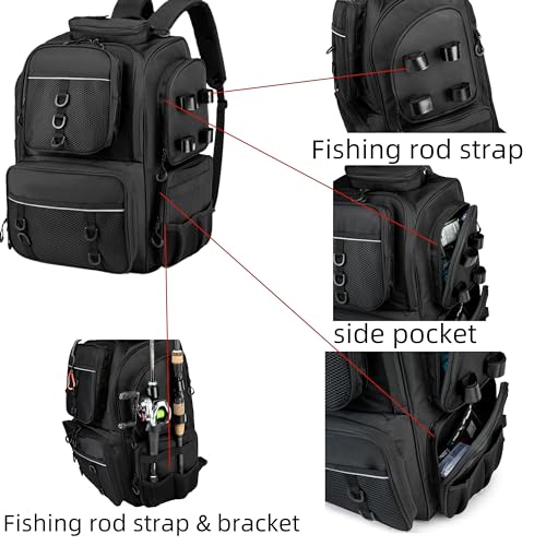 WANOON Fishing Backpack,Tackle Bag,with Tackle Boxes. Large Fishing Bag, Strong Materials | Waterproof Fishing Bag,adjustable divider, hideable shoulder straps, SBS anti-rust zippers, for kayak bank fishing - color: Black, size: 42L-With Tackle Boxes