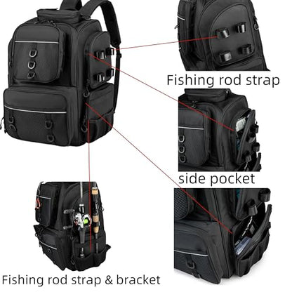 WANOON Fishing Backpack,Tackle Bag,with Tackle Boxes. Large Fishing Bag, Strong Materials | Waterproof Fishing Bag,adjustable divider, hideable shoulder straps, SBS anti-rust zippers, for kayak bank fishing - color: Black, size: 42L-With Tackle Boxes