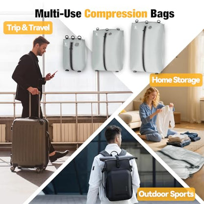 3 Pack Vacuum Bags for Travel with Pump, 3-Size Set Reusable Vacuum Compression Bags for Luggage, Space Saver IP67 Waterproof Vacuum Packing Cubes for Suitcase&Backpack, Grey white