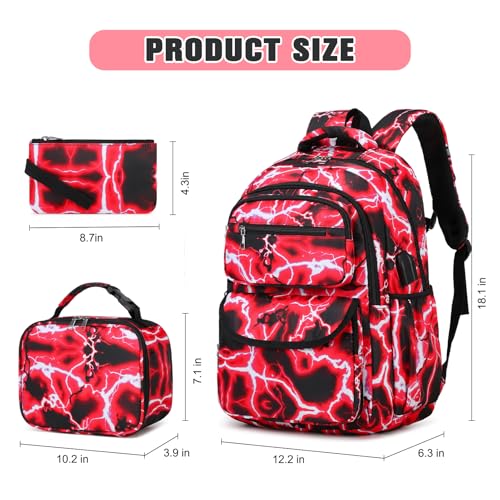 Bevalsa Backpack for Boys, Lightning School Bags with Lunch Bag & Pen Case for Kids, Bookbag for Boys Teens Elementary Middle High School - color: Red