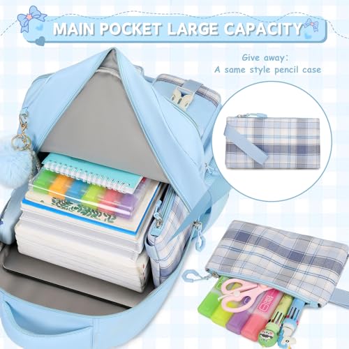 MOONBABY Girls Backpack, Kids Backpack for Girls School Bags with Pen Case, Bow Plaid Book Bag for Elementary Middle Primary High School College, Blue-2pcs - color: Blue