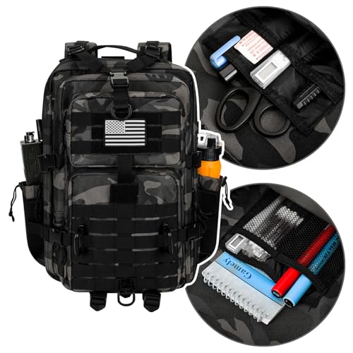 Hannibal Tactical 45L MOLLE Assault Pack, Tactical Backpack Military Army Camping Rucksack with Bottle Holder, 3-Day Pack Trip w/USA Flag Patch, D-Rings, Black Camo - color: Black Camo, size: 45L