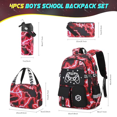 Scothen Boys Backpack, Cool Luminous Gamer School Backpacks for Boys with 14oz Insulated Water Bottle Lunch Bag Pencil Case, Kids Backpack Book Bags for Kindergarten Elementary Middle School - color: Red Lightning