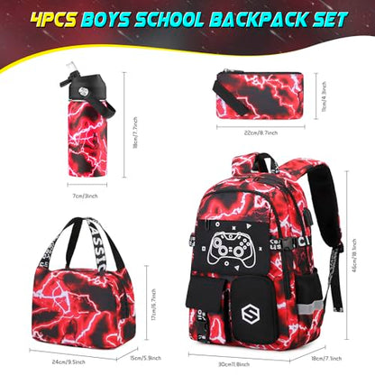 Scothen Boys Backpack, Cool Luminous Gamer School Backpacks for Boys with 14oz Insulated Water Bottle Lunch Bag Pencil Case, Kids Backpack Book Bags for Kindergarten Elementary Middle School - color: Red Lightning