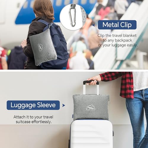 BEDELITE Travel Blanket with Bag, Ultra-Soft Jacquard Fleece Blanket with Luggage Sleeve & Backpack Clip, Airplane Blanket Travel Essentials, Grey - color: Grey