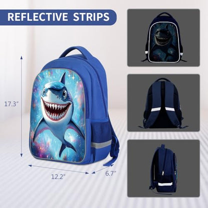 ZRENTAO Kids Backpack, 3D Reflective Cartoon, 600D Polyester & Dual Zippers, 17" Bookbag with Ergonomic Design for boys & girls age 6-18, Shark Space Style for school Children Kids - color: 04#sharkset