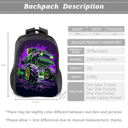 Kids Backpack School Bookbag 16inch Schoolbag With Lunch Box Bag And Pencil Case Set For Boys Girls - color: Monster Truck