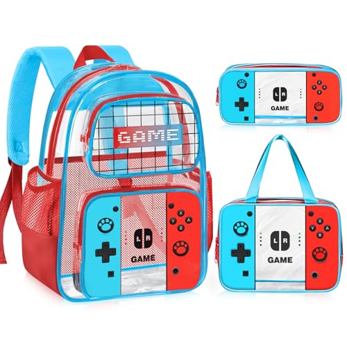 TILYTADLY 3PCS Clear Backpack for School - Gamer Kids Clear Backpacks for Boys and Girls,Heavy Duty Transparent Bookbag with Lunch Bag and Pencil Case - See Through PVC Transparent Bookbag - color: Red&blue - Set