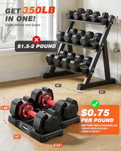 Adjustable Dumbbells Set of 2, 1 Hand Adjustable Weights Dumbbell Set and Workout Bench, 25/55/80lb Pair Weight Set For Home Gym Suit both Men and Women, Compact for Small Space Apartment Room - color: Classic-55lbs-Red Dumbbells+Bench