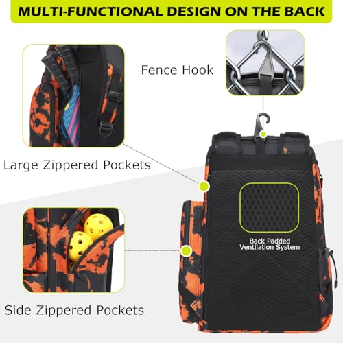 HAMBOLY Premium Pickleball Bag for Men & Women — Large Pickleball Backpack with Padded Paddle Pocket & Shoe Compartment, Tournament Ready with Insulated Cooler & Fence Hook - color: Orange Graffiti
