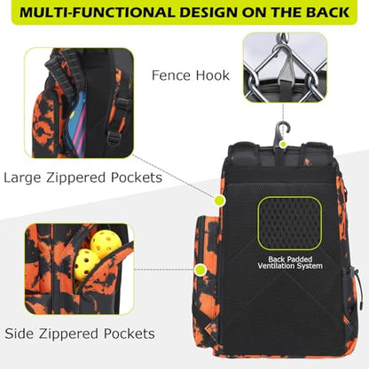 HAMBOLY Premium Pickleball Bag for Men & Women — Large Pickleball Backpack with Padded Paddle Pocket & Shoe Compartment, Tournament Ready with Insulated Cooler & Fence Hook - color: Orange Graffiti