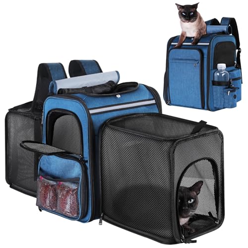 Cat Carrier Backpack for Travel,Dog Carrier Backpack for Large cat, Small Dogs,Puppies Up to 20 Lbs,Expandable Cat Backpack for Outdoor Hiking,Pet Carrier Backpack,Cat Backpack Carrier (Blue) - color: Blue