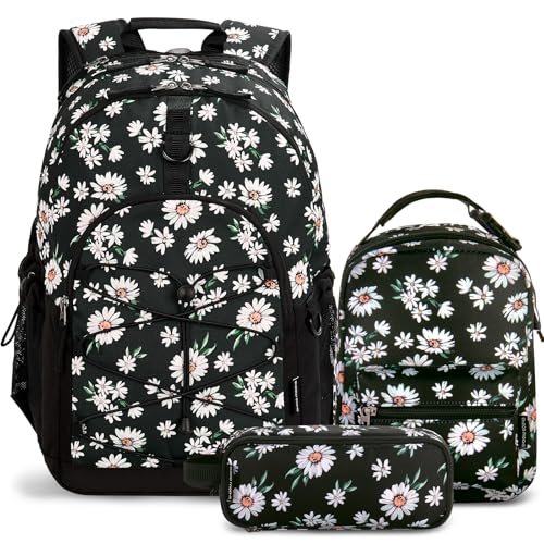 Choco Mocha Girls School Backpack with Lunch Box, Daisy Black Backpack Set for Teen Girls 18 Inch Backpacks, 3 Pcs - color: Midnight Daisy