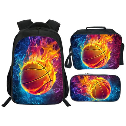 Basketball Backpack Kids Sports Bookbag 16inch Schoolbag With Lunch Box Bag And Pencil Case Set For Boys Girls - color: Basketball