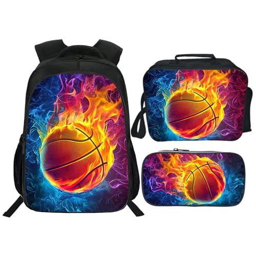 Basketball Backpack Kids Sports Bookbag 16inch Schoolbag With Lunch Box Bag And Pencil Case Set For Boys Girls - color: Basketball
