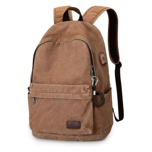 Muzee Canvas Backpack for Women and Men, Lightweight Classic Laptop Backpack with USB Charging Port for School, Travel and Daily Use, Khaki - color: Khaki