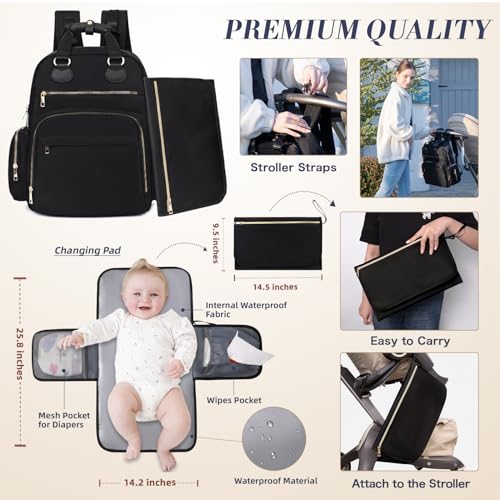 Diaper Bag Backpack Travel Baby Bag with Changing Pad,17 Pockets,Insulated Pockets,USB Charging Port,Baby Shower Essentials,Black - color: Black