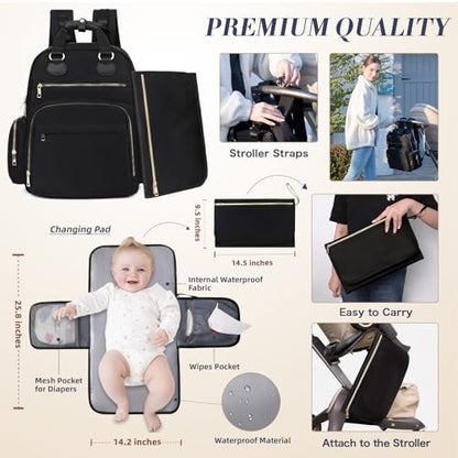 Diaper Bag Backpack Travel Baby Bag with Changing Pad,17 Pockets,Insulated Pockets,USB Charging Port,Baby Shower Essentials,Black - color: Black