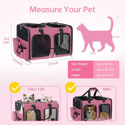 Cat Carrier for 2 Cats - Double Pet Carrier Extra Large, Dual Cabin Multi Cat Travel Carrier with Removable Divider, Collapsible, Can Hold 20 30 40 lbs for Two Small Kitten, Medium Dog Pink - color: Pink