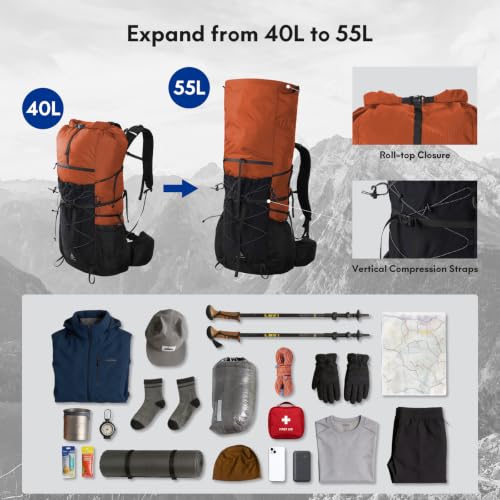 Haimont 40L+15L Roll-Top Backpacking Pack with Rain Cover, Orange | Expandable 55L, Hip Belt Support, Sleeping Pad Carry, Pole Attachments, YKK & Duraflex - color: Orange