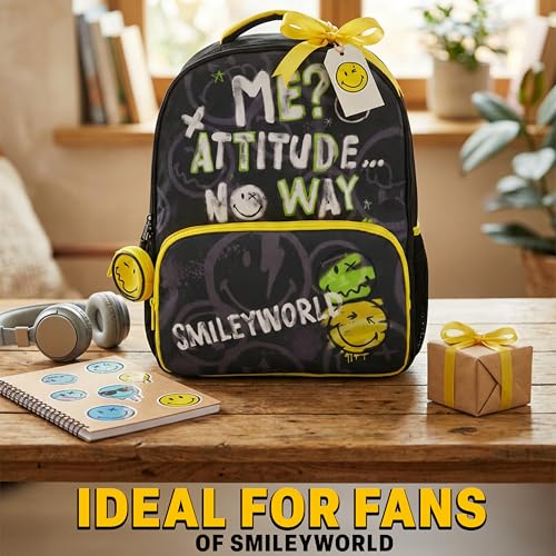 Get Trend Smiley World Kids Backpack for Boys, 18 inch Book Bag with Adjustable Padded Straps, Travel School Bag, Kids Gifts (Yellow/Multi Smiley) - color: Yellow/Multi Smiley