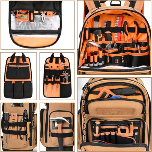 Tool Bag Backpack, 75 Pockets & Loops Canvas Heavy Duty Tools Organizer Bags/HVAC Tool Carrier for Electrician/Construction Work with Molded Base and Combination Lock - Brown - color: Brown