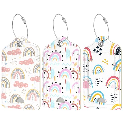 Rimilak 3 Pcs PU Leather Luggage Tags for Suitcase, Travel Cruise Luggage Tag with Privacy Flap, Name ID Label and Metal Loop for Women Men Baggage Handbag School Bag Backpack, Rainbow - color: Rainbow
