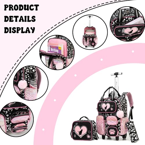 Cute Cat Rolling Backpack with Wheels for Elementary Kindergarten Students Kids Travel Luggage Black Carry on Backpack for Girls Ages 6-8 - color: A Black Cat