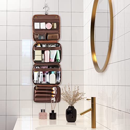 Elviros Hanging Toiletry Bag Removable Travel Bag PU leather Makeup Cosmetic Organizer Kit, Dark Brown - color: Dark Brown
