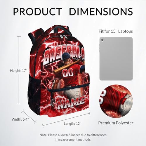 UNIKITTY Baseball Backpack for Boys Personalized Kids School Bag with Name - 17 Inch Custom Sports Bookbag for Youth Little Boys Elementary Middle School Students - color: Red