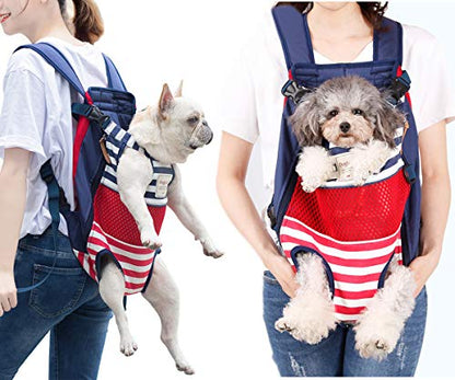 Lifeunion Legs Out Dog Carrier Backpack Hands-Free Adjustable Pet Travel Carrier for Small Medium Dogs Cats Motorcycle Hiking Walking (Red and Blue Stripes) - color: Red and Blue Stripes