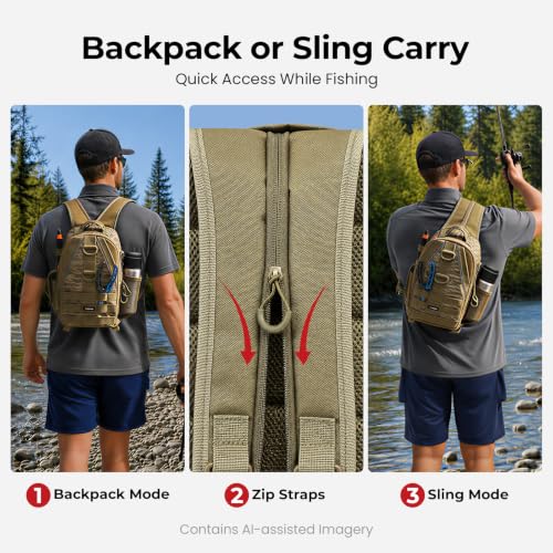 Piscifun Fishing Backpack with Rod Holder, Lightweight Sling Bag Storge Gear and Equipment - color: Khaki Camouflage, size: Standard, style: Latch